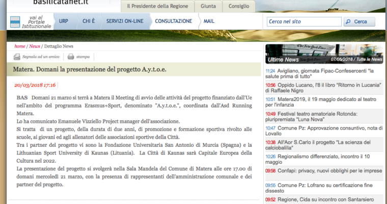 MATERA. DOMANI LA PRESENTAZIONE DEL PROGETTO A.Y.T.O.E.